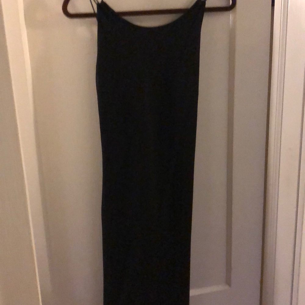 Open back black cocktail dress